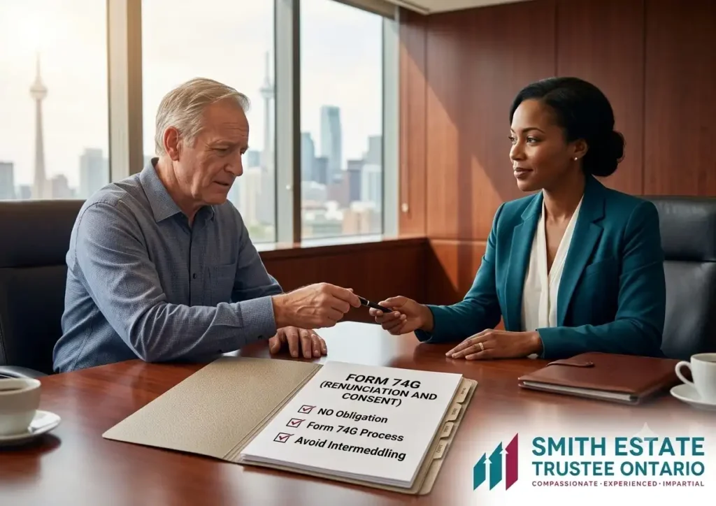 The named estate trustee ontario taking a pen from the substitute trustee so that he can sign the Form 74G to renounce his role as executor.