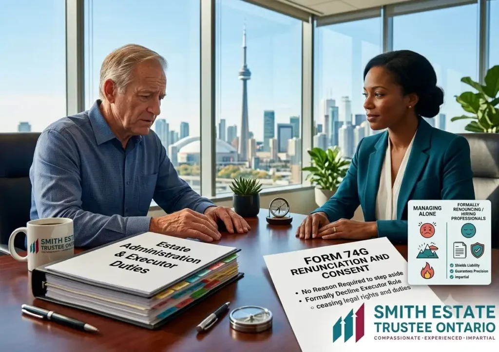 The elderly gentleman named estate trustee sitting in the professional office of the susbstitute professional trustee discussing the pros and cons of acting vs. renunciating.