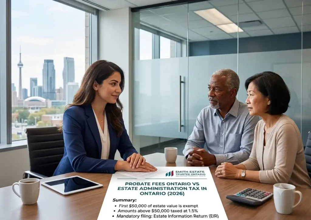 Smith Estate Trustee Ontario professional discussing probate fees Ontario with a married couple in a professional office setting.