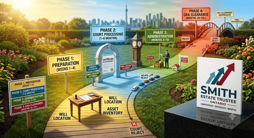 A brightly coloured image of all the steps necessary in the probate ontario process.