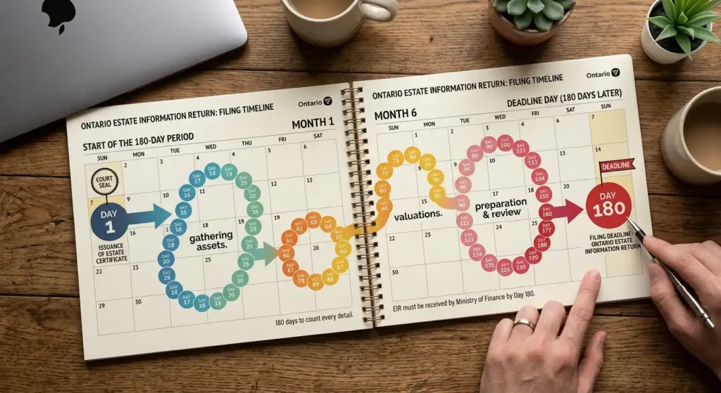 an image of a calendar showing the steps that need to be taken to complete and file the Ontario estate information return within the 180 day filing window.