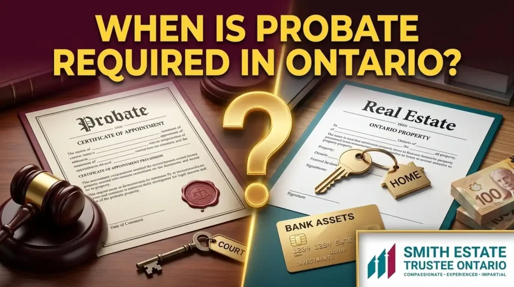 Image of asset descriptions of an estate sitting on a desk and the estate trustee must decide if in this estate, when is probate required in Ontario?